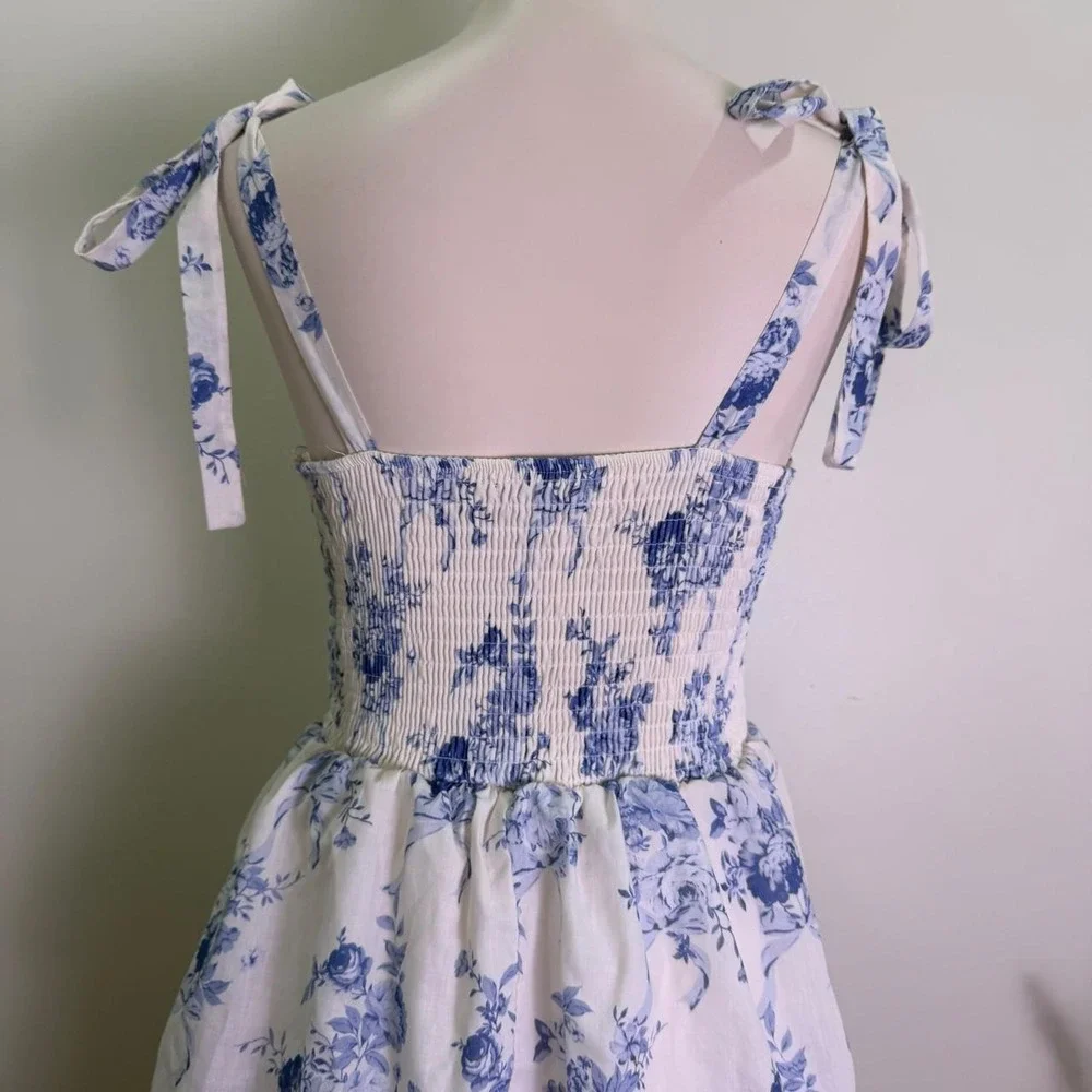 Crystal Doll Blue White Floral Tie-Strap Tiered Midi Dress - Size Medium - Picture 5 of 8